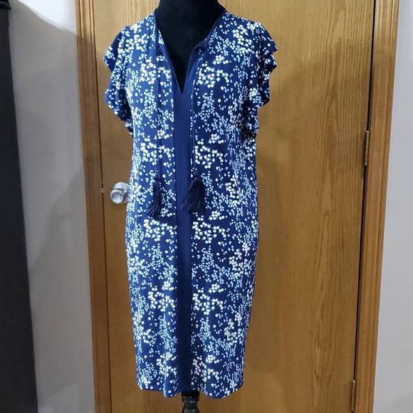 Michael Michael kors blue white floral flutter cap sleeve stretch shift dress - Picture 1 of 7